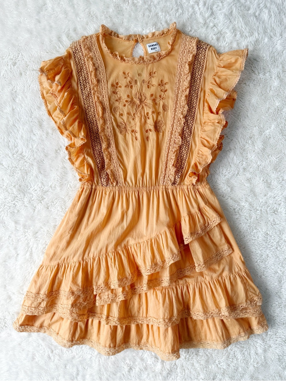 Sunday Best Aritzia Woman Pastel Orange Embroidery Ruffle Lace Tier Mini Dress